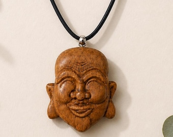 Happy Buddha Wooden Necklace, Hand Carved Buddha Pendant, Spiritual Jewelry, Boho Necklace, Adjustable Cord, Handmade in Italy