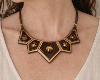 Statement Necklace in Wood with Tiger Eye | Boho Bib Necklace | Handmade Wooden Necklace | Ethnic Jewelry | Unique Artisan Gift