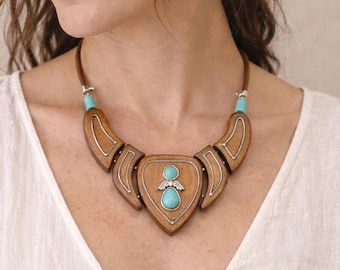Handmade Wooden Necklace with Turquoise Angel, Boho Wood Jewelry, Natural Statement Necklace, Unique Artisan Gift