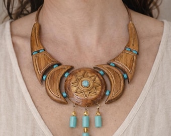 Statement Wooden Necklace with Turquoise | Handmade Ethnic Boho Necklace | Wooden Bib Necklace | Handcrafted Jewelry for Women