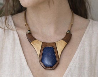 Statement Wooden Necklace | Bib Necklace Blue Stone | Handmade Boho Necklace | Artisan Jewelry | Made in Italy | Handcrafted Boho Choker