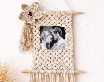 Macrame Photo Frame, Boho Wall Hanging, Natural Home Decor, Romantic Gift for Couples, Handmade Wall Hanging