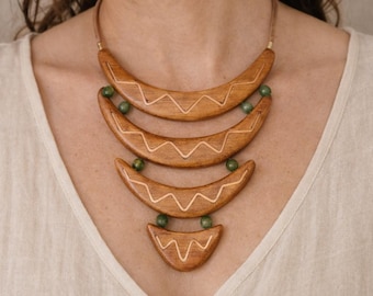 Statement Wooden Necklace | Jade Bib Necklace | Handmade Boho Necklace | Copper Inlay Jewelry | Made in Italy