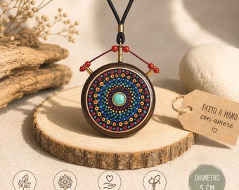 Mandala Wooden Necklace, Hand Painted Pendant, Boho Jewelry, Spiritual Necklace, Wooden Pendant, Adjustable Cord, Made in Italy