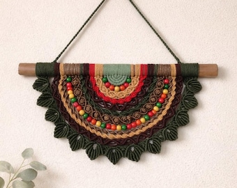 Half Moon Macrame Wall Hanging, Boho Wall Decor, Botanical Fiber Art, Earth Tone Textile Art, Handmade Italian Decor, Boho Home Decor