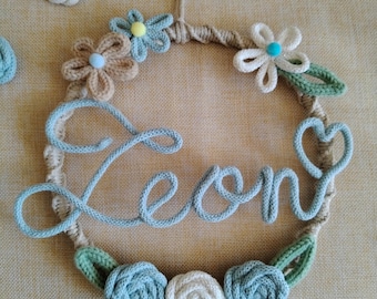 Personalized Baby Boy Birth Ribbon | Macramé and Tricotin Name Garland | Nursery Decoration | Newborn Door Sign | Birth Gift