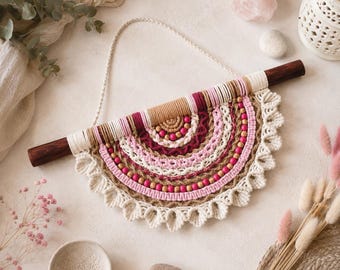 Half Moon Macrame Wall Hanging, Boho Wall Decor, Pink Fiber Art, Floral Textile Art, Handmade Italian Decor, Boho Home Decor