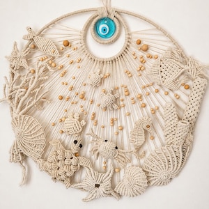 Makramee-Wandbehang, Meereswandkunst, Küsten-Wanddeko, Makramee-Meeresboden, Faser-Kunst, handgefertigte Baumwolldeko