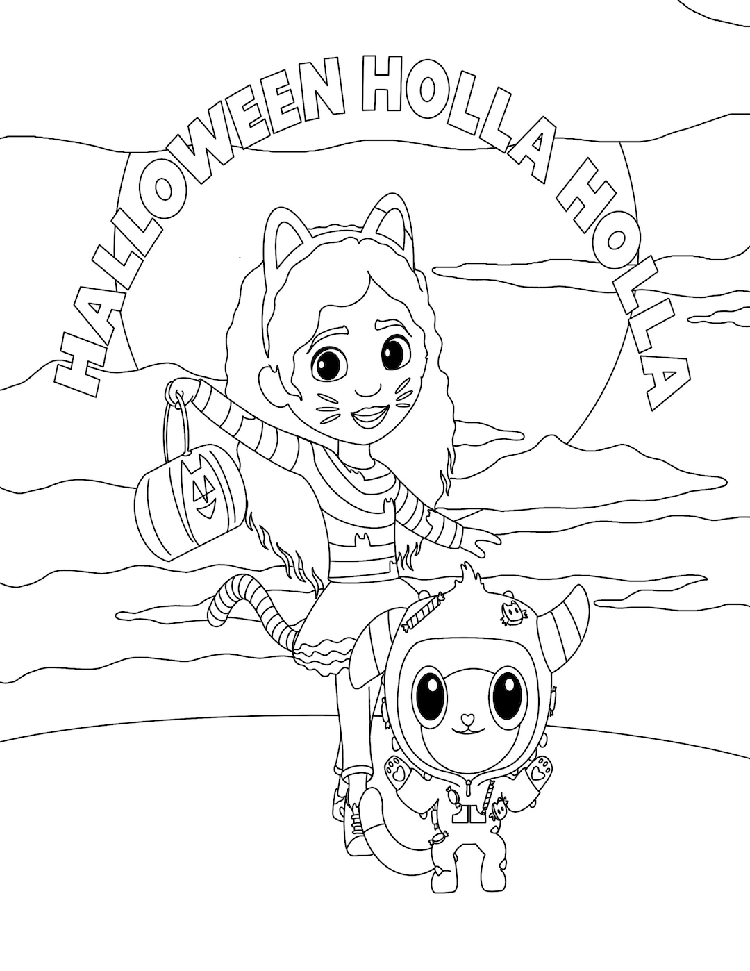 Gabbys Dollhouse Halloween Coloring Sheet Featuring Gabby and Pandy in