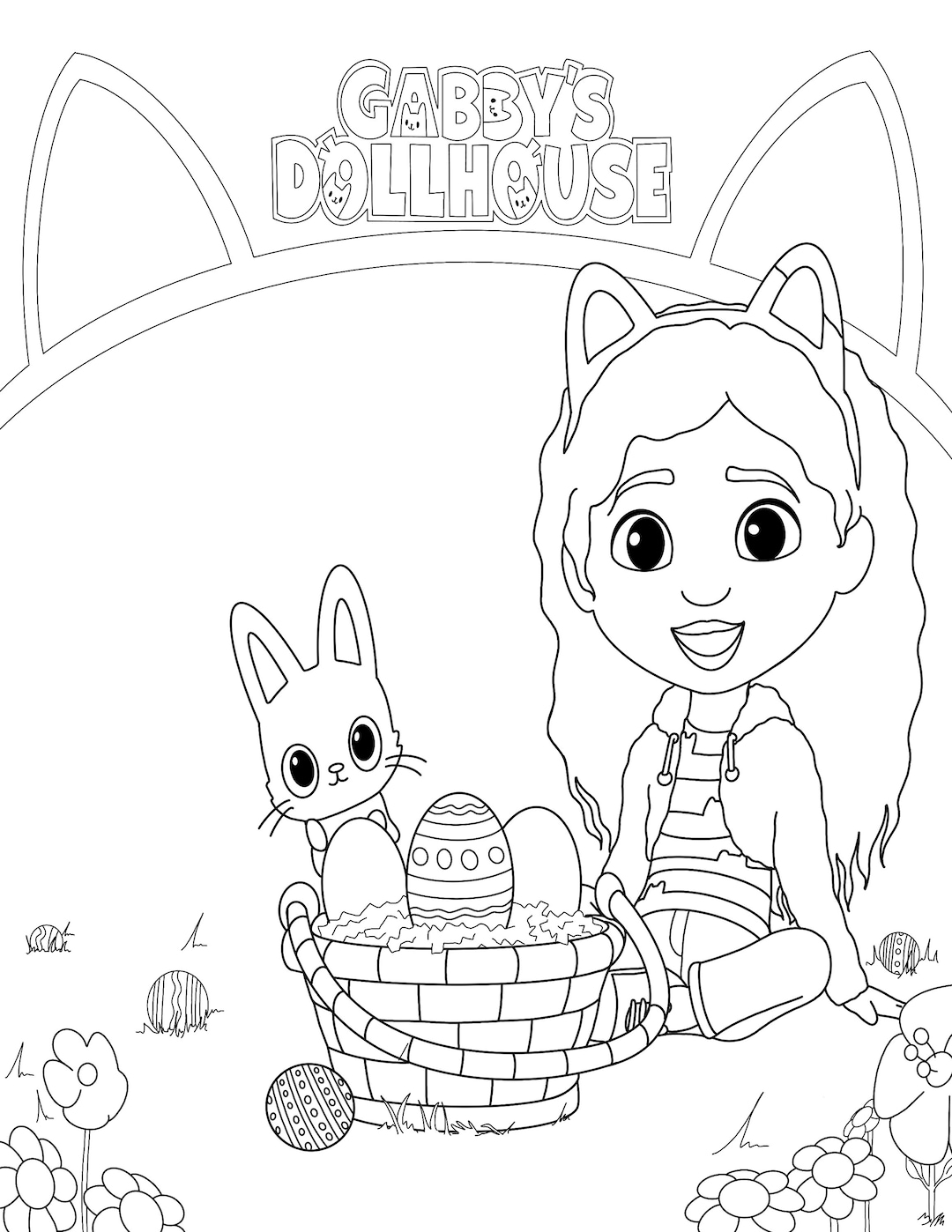 Gabbys Dollhouse Easter Kitty Bunny Basket Digital Coloring Page