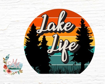 Lake Life, png PNGEgg | Sublimatie zonsondergang strepen | Vintage Forest afdrukbaar ontwerpbestand | Retro natuur | Digitaal zomerbestand | PNG-bestand berg