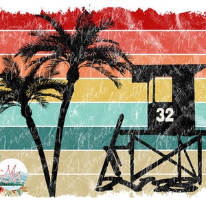 Diseño de sublimación de rayas de puesta de sol en Newport Beach / Diseño imprimible de palmeras / PNG de salvavidas / Diseño digital de camiseta de verano de California