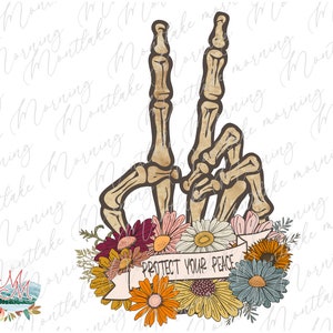 Bescherm je vredesskelet Hand bloemen vredesteken, png | Retro boho hippie liefde vintage sublimatie T-shirt ontwerp digitaal bestand | Bloem uit de jaren 60
