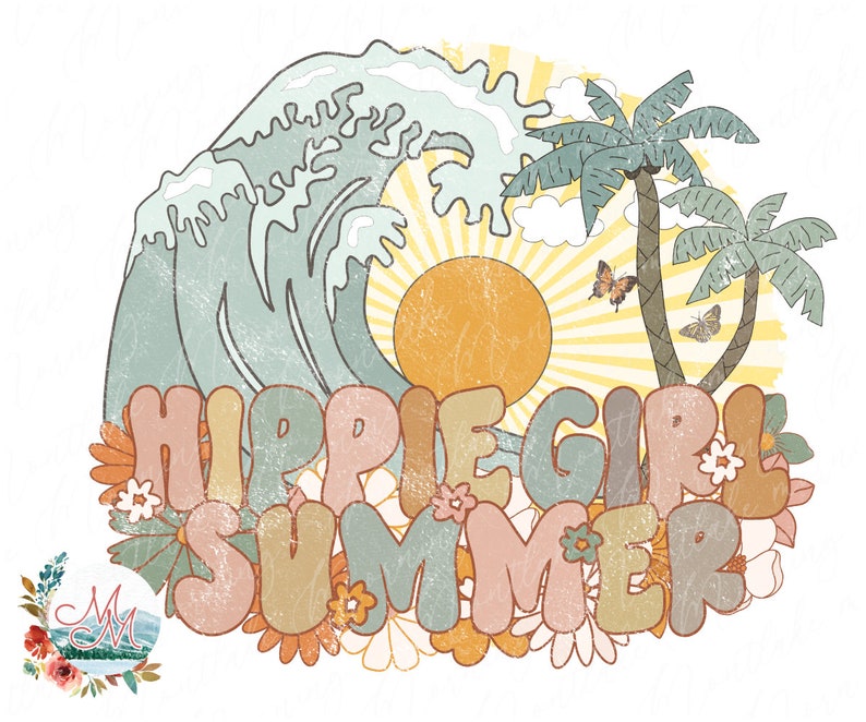 Op de afbeelding: Een retro-illustratie van een golf, zon, palmbomen en bloemen met de tekst "Hippie Girl Summer" in kleurrijke, bellenachtige letters.