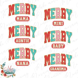 Paquete PNG Merry Family Varsity / Lindas letras atléticas de chenilla navideña que coinciden con la sublimación familiar / Vacaciones retro Mami Mamá y yo