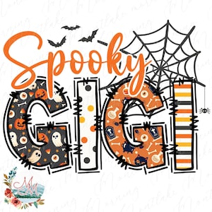 May include: A Halloween-themed graphic with the word "Spooky" in orange script above the name "GIGI". The letters are filled with Halloween patterns and outlined in black. A spider web, bats, and a spider complete the design.