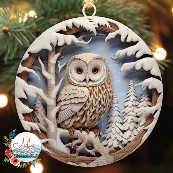 3D Christmas Break Through Ornament PNG | Woodland Owl Forest Christmas Tree Ornament | Beautiful Faux Wood Christmas Ornament PNG