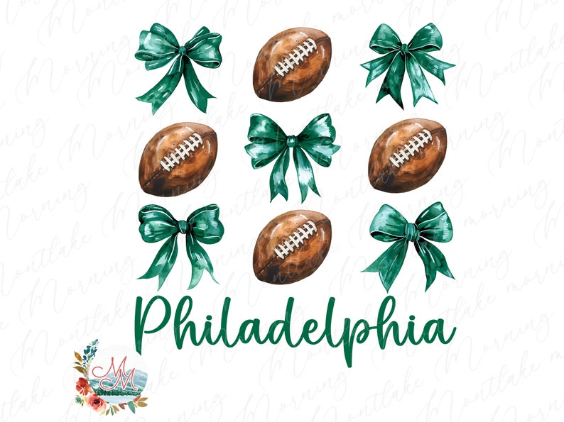 Op de afbeelding: Waterverfillustratie in groen en wit van voetballen en strikken met het woord "Philadelphia" in groene schrijfletters.