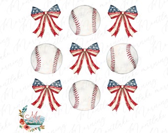 Coquette Fourth of July PNG | Americana Baseball and Bows | 4th of July Softball Digital Design Download | Girly Patriotic Sublimation File