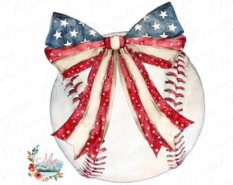 Coquette Fourth of July PNG | Americana Baseball and Bows | 4th of July Softball Digital Design Download | Girly Patriotic Sublimation File