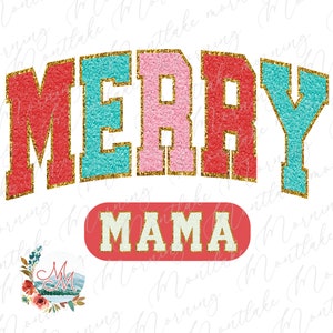 Feliz mamá universitaria PNG / Lindas letras deportivas de chenilla navideña a juego para sublimación familiar / Clipart retro vintage de mamá y yo para vacaciones