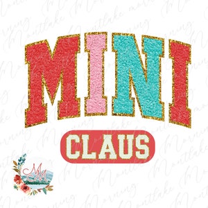 Mini Claus Varsity PNG / Lindas letras deportivas de chenilla navideña a juego para sublimación familiar / Clipart retro vintage de mamá y yo para vacaciones