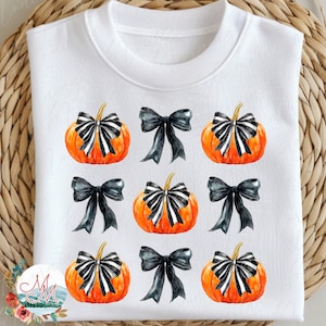 Coquette Pumpkin Halloween PNG / Cute Girly Pumpkins and Bows Checker Fall Sublimation / T-shirt da raccolta da donna Design per il download digitale