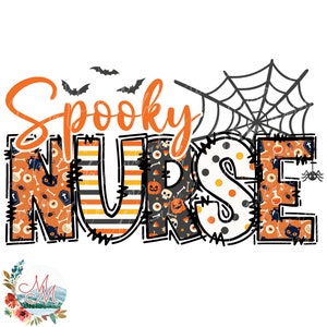May include: Spooky Nurse Halloween design with a spider web, bats, and a patchwork design with orange, black, and white colors.