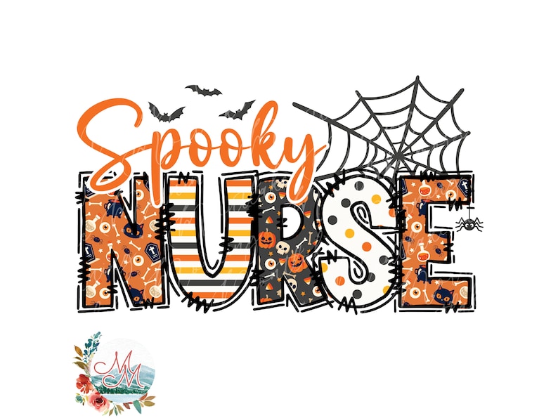 May include: Spooky Nurse Halloween design with a spider web, bats, and a patchwork design with orange, black, and white colors.