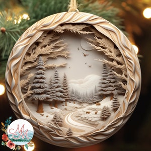 May include: A round, wooden Christmas ornament with a carved winter scene. The ornament features a snowy forest with a winding path, trees, and a crescent moon in the sky.