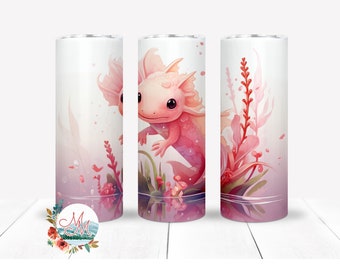 Gobelet Axolotl PNG | Sublimation d'emballage pour gobelet droit fin, 20 oz | Fichier de conception numérique mignon gobelet Axolotl | Salamandre rose PNG