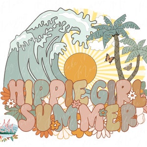 Ragazza hippie estate retrò vintage boho spiaggia tropicale file di design PNG a sublimazione / anni '60 e '70 farfalle fiori hippy oceano maglietta stampabile