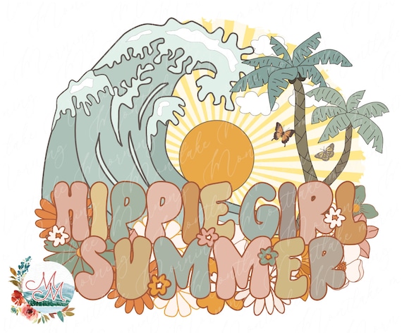 Hippie Girl Summer Retro Vintage Boho Beach Tropical Sublimation PNG Design File | 60s 70s Butterflies Flower Hippy Ocean Printable T-Shirt