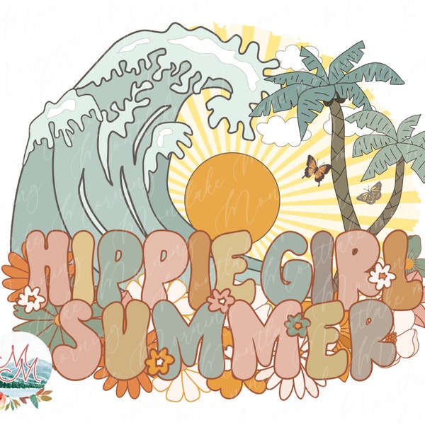 Hippie Girl Summer Retro Vintage Boho Beach Tropical Sublimation PNG Design File | 60s 70s Butterflies Flower Hippy Ocean Printable T-Shirt