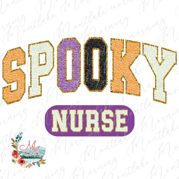 Spooky Nurse Halloween PNG | Trendy Halloween Nurse Sublimation with Chenille Varsity Letters | Cute Spooky Vibes Fall Nurse Digital Design