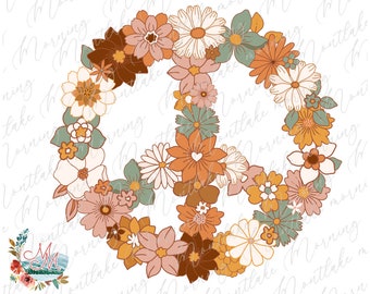 Signo de la paz PNG / Diseño de camiseta con sublimación digital floral retro bohemio hippie vintage / Clipart de niño hippie con flores y paz de los años 60