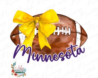 May include: A watercolor illustration of a brown and white football with a yellow bow on top. The word "Minnesota" is written in purple below the football.