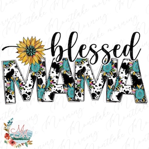 Gesegnete Mama PNG | Western Mama Design | Christliche Mama Sublimation | Türkis Rindsleder Mama Design | Muttertag Digitale Datei | Kuh Druck