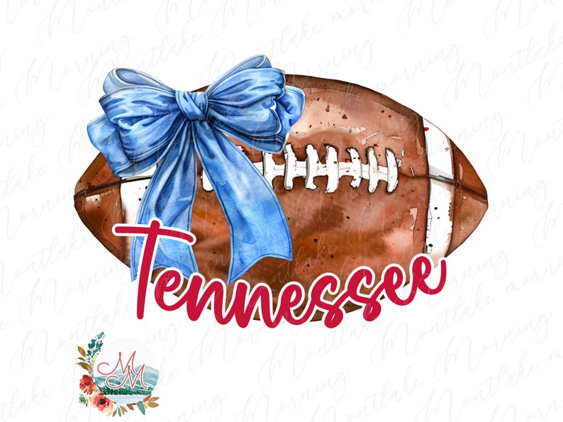 Puede incluir: Un bal&oacute;n de f&uacute;tbol marr&oacute;n y blanco con un lazo azul en la parte superior. La palabra "Tennessee" est&aacute; escrita en rojo debajo del bal&oacute;n.