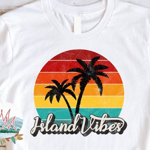 Sublimação de listras de pôr do sol angustiado Island Vibes | Arquivo de design para impressão de palmeira tropical | Praia PNG | Design digital de camiseta de verão
