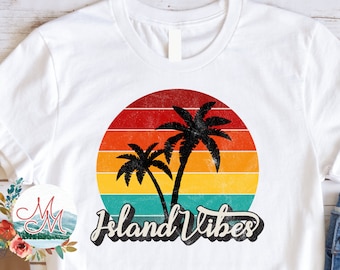 Island Vibes Distressed Sunset Stripes Sublimatie | Afdrukbaar ontwerpbestand tropische palmboom | Strand, png-bestand | Digitaal ontwerp zomer-T-shirt