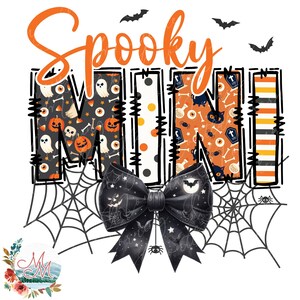May include: A black and orange Halloween-themed graphic with the text "Spooky Mini" in a stitched font. The letters are decorated with a black and orange pattern of pumpkins, bats, and eyeballs. A black bow with a spiderweb pattern is centred below the text.