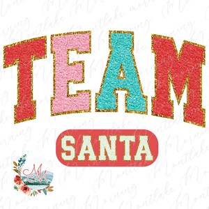 Equipe Santa Varsity PNG | Sublimação de letras atléticas de chenille de Natal fofo | Arquivo de Design Digital Retro Vintage Holiday Holly Jolly Vibes