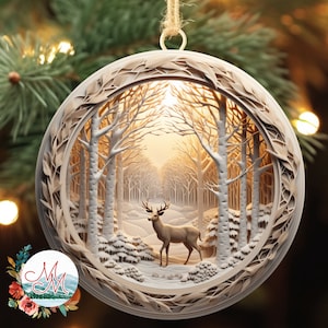 3D Christmas Break Through Ornament PNG | Woodland Deer Forest Christmas Tree Ornament | Beautiful Faux Wood Christmas Ornament with Trees