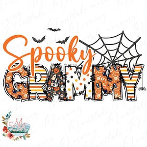 Puede incluir: Un gráfico de temática de Halloween con el texto "Spooky Grammy" en letras negras delineadas. Las letras están decoradas con varios patrones de Halloween, incluyendo rayas, lunares y fantasmas. Una telaraña y una araña están en el fondo.