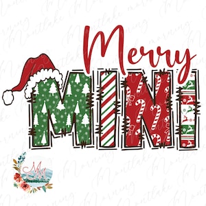 May include: Red and green Christmas themed graphic with the text "Merry Mini" in a patchwork style. The letters are outlined in black and have a stitched look.