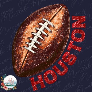 K&ouml;nnte beinhalten: Digitale Illustration eines Footballs mit glitzernder brauner Textur und wei&szlig;en Schn&uuml;rsenkeln. Das Wort "HOUSTON" ist in rotem Glitzertext geschrieben. Der Hintergrund ist dunkelblau mit Schreibschrift.