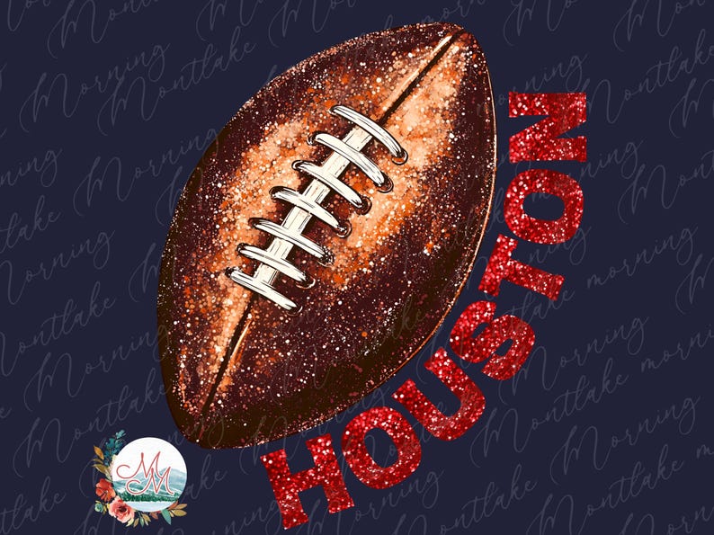 K&ouml;nnte beinhalten: Digitale Illustration eines Footballs mit glitzernder brauner Textur und wei&szlig;en Schn&uuml;rsenkeln. Das Wort "HOUSTON" ist in rotem Glitzertext geschrieben. Der Hintergrund ist dunkelblau mit Schreibschrift.