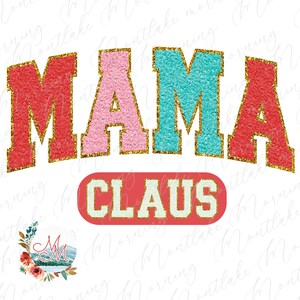 Mamá Claus Varsity PNG / Lindas letras deportivas de chenilla navideña a juego para sublimación familiar / Clipart retro vintage de vacaciones para mamá y yo