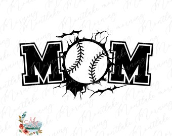 May include: Black and white baseball-themed graphic with the word "MOM" on either side of a baseball. The baseball is breaking through a cracked surface, adding a dynamic effect to the design.